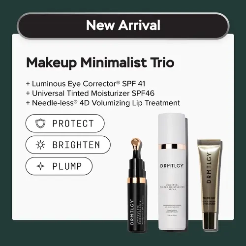 DRMTLGY Makeup Minimalist Trio: Luminous Eye Corrector SPF 41, Universal Tinted Moisturizer SPF 46 & Needle-less 4D Volumizing Lip Treatment. Evens Skin, Brightens Dark Circles & Visibly Plumps Lips