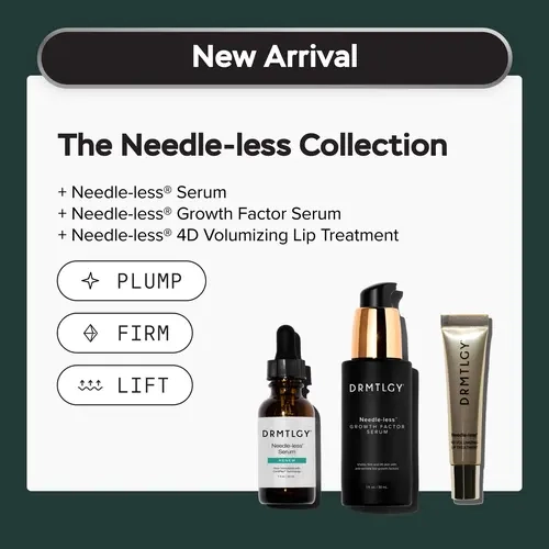 DRMTLGY The Needle-less Collection: Needle-less Growth Factor Serum, Needle-less Serum & Needle-less 4D Volumizing Lip Treatment. Visibly Lifts, Plumps, & Smooths with Peptides.