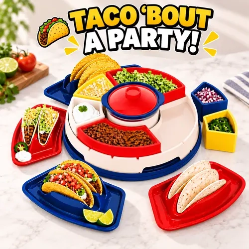 Heated Rotating Kitchen Lazy Susan Taco Bar Serving Set - 20 oz Warming Fondue Pot, 6 Topping Trays, 4 Taco Holders, Round Rotating Base, Detachable Parts, Party Station for Tacos, Burritos, Nachos