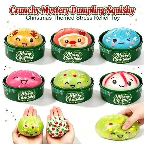 6Pcs Crunchy Squishy ASMR Christmas Cartoon Dumpling Fidget Toys Set - Mystery Squeeze Sensory Stress Relief Toys, Quirky Relaxing Christmas Gifts for Party Favors