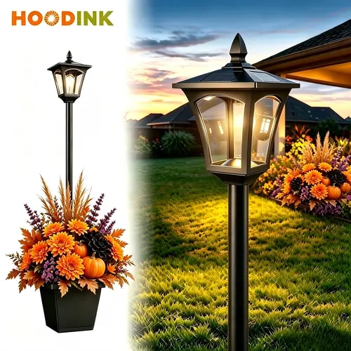 HOODINK 65" Solar Outdoor Pole Lamp - Glass Metal Outdoor Post Light with Planter, 60 Lumens Waterproof Warm White Light, Extra Bulb, Garden Path Home Decor
