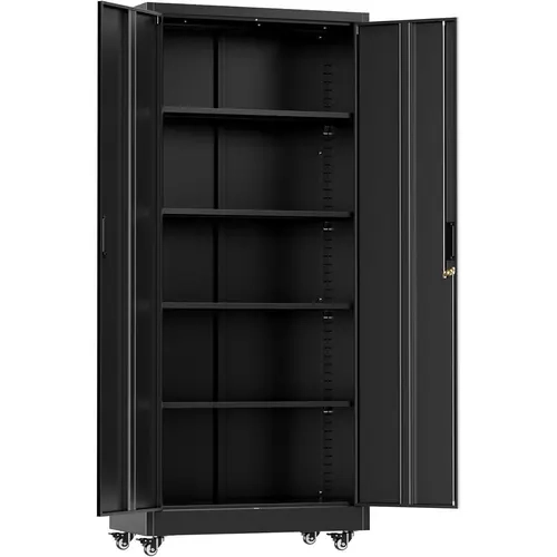 INTERGREAT Garage Storage Cabinet with Wheels, 72" H, Black | Metal Cabinets with 2 Locking Doors and 4 Adjustable Shelves for Home Office, Kitchen, Warehouse