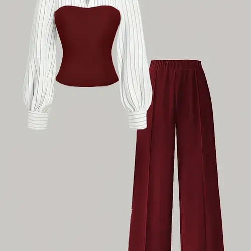 Women's Striped Patchwork Two-Piece Set, Puff Sleeve V Neck Top & Wide Leg Pants, Office Commute or Casual