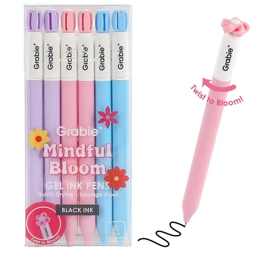 Grabie Mindful Bloom Retractable Black Ink Gel Pen Set of 6