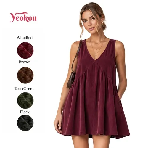 Yeokou Women's Corduroy V Neck Babydoll Dress Layering with Pockets Lightweight Stretchy Breathable Deep V neck Sleeveless Flowy Babydoll A-line Tunic Dress for Fall Winter Daily Swing Overall