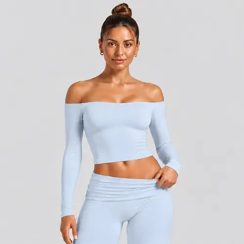 JGS1996 Women's Off Shoulder Long Sleeve Shirt Buttery Soft Y2K Going Out Top Casual Cute Basic Tee Low Waist Pants Match