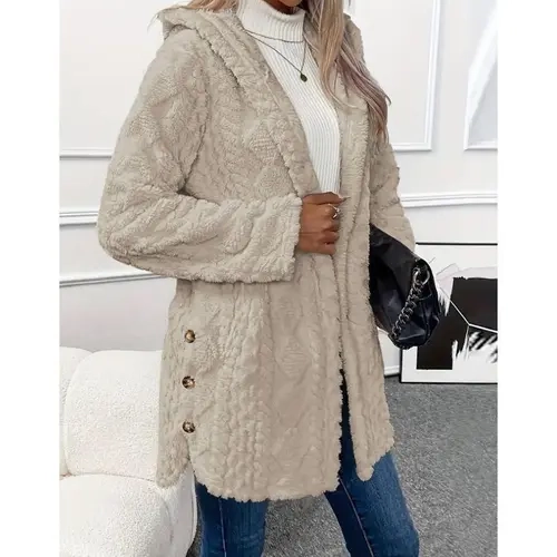 VVZ 2026 Women Fall Winter Fuzzy Hooded Button Cardigan, Oversized Long Sleeve Coat, Soft Warm Aesthetic Casual Outerwear, Loose Fit for Daily School Outfits Womenswear