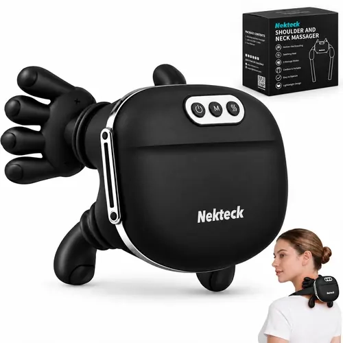 Nekteck Cordless Neck Massager with Heat, Deep Kneading Shoulder Massager, 3 Massage Modes, 2 Heat Levels, Rechargeable Wearable Massager for Back & Legs