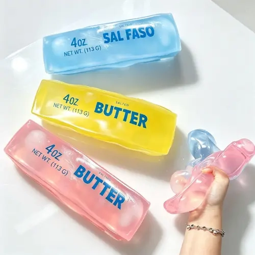 Butter-Shaped Soft Transparent Decorative Ornament, Bendable Stretchable Material, Multi-Color Options, Realistic Butter Label Printing, Ideal Gift for Family & Friends