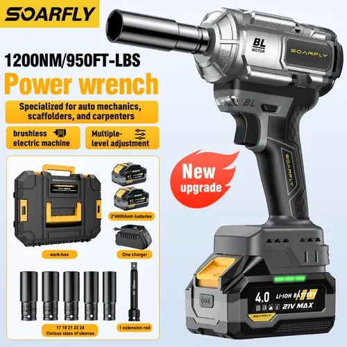 【1200N.m High Torque + Dual Battery】SOARFLY 2x 4.0Ah Batteries, Fast Charger, 3000RPM, 5 Sockets & 1 Extension Bar, For Car, Trucks Power Tool Rechargeable High Torque
