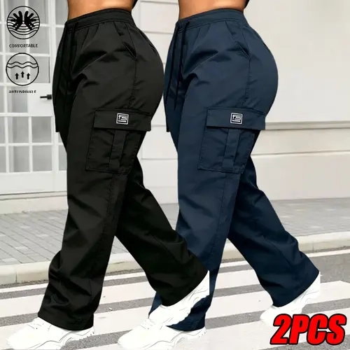 Lady's Basic All-Season 2-Pack Mid-Waist Wide-Leg Cargo Pants, Casual Chic Women's Bottoms with Adjustable Drawstring Waist, Flap Pockets, Wrinkle-Resistant, Soft, Breathable Streetwear Trousers for Work, Travel, Hangouts