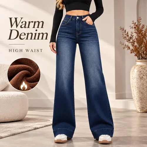 Women’s High-Waist Wide-Leg Fleece-Lined Denim Pants - Everyday Streetwear, Warm Thermal Casual Full-Length Loose Bottoms with Pockets for Fall Winter Cold Weather Outfits