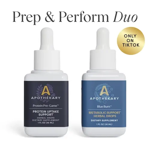 Apothékary Prep & Perform Duo: Protein Pre-Game + Blue Burn - Protein Uptake and Digestion + Metabolic Support Liquid Herbal Drops* | Antioxidant Rich, Alcohol-Free, Clinically-Tested, Certified Gluten-Free, Third Party Tested, Made in the USA