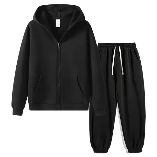 Men's Vintage Solid Color 2-Piece Athletic Sweatsuit Set - Breathable Zip-Up Hoodie with Drawstring, Slim-Fit Stretch Pocket Pants, Polyester Tracksuit, Casual Mens Clothing, Streetwear Sweatshirt, Boyfriend Gift