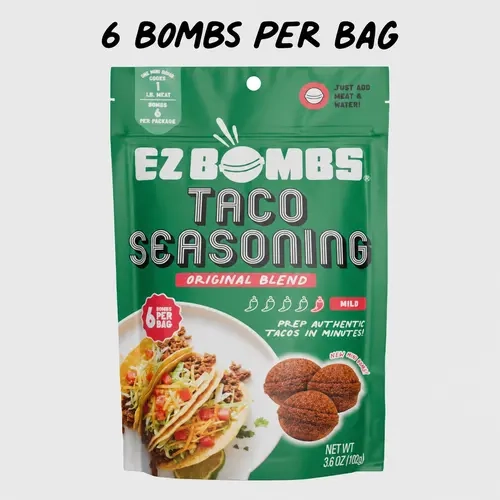 EZ BOMBS Original Blend Taco Seasoning, 6-Count Bag – Mild Flavor with Garlic, Chili & Onions, Ideal for Ground Beef, Chicken, Turkey Sauce Prep
