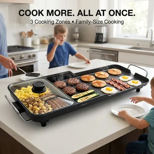 AORAN 3-in-1 Corded Rectangular Electric Nonstick Griddle Grill - 2000W Kitchen Appliances Teppanyaki Grill for Family Cooks, Removable Temperature Control, Drip Tray, 28"x11" for Pancakes, Burgers, Eggs