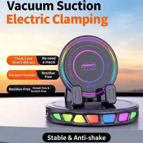 360° Rotatable Phone Holder for Car - Wireless Charging, RGB Ambient Light, PVC Suction Cup Mount, Car Accessories Interior for Dashboard, Windshield to Upgrade Your Drive