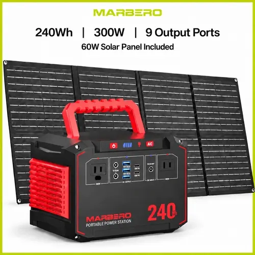 MARBERO 240Wh Solar Generator Portable Power Station Portable Charger with 300W AC Outlets (350W Peak) 9 Output Ports for Camping Power Outage Storm