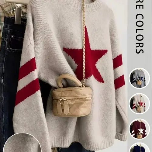 Women's Star Pattern Round Neck Sweater, Double Stripe Long Sleeve Loose Knit Pullover, Autumn Winter Casual Loose Top, Knitwear