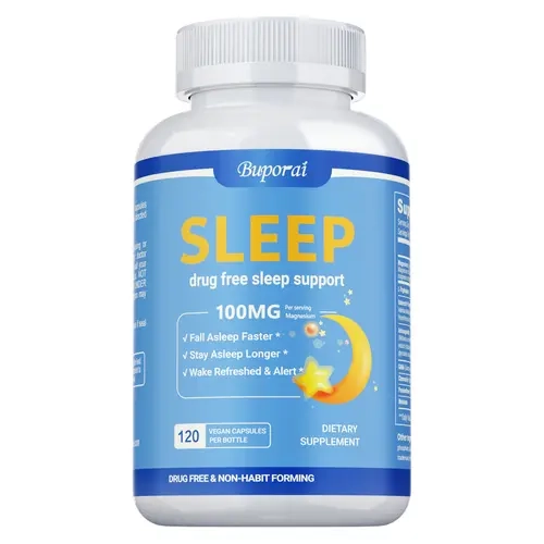 Buporai dietary supplement (60/120 capsules), formulated with melatonin, magnesium glycinate, and ashwagandha to promote healthy sleep.