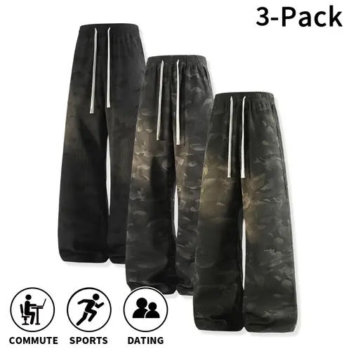 3-Pack Men’s Camouflage Waffle-Knit Wide-Leg Pants | Textured Waffle Knit Fabric | This camouflage textured long pants is a trending item sweeping through men’s casual wear | Suitable for everyday commuting | Modern urban street style