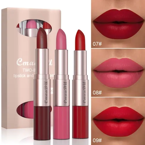 3-Pcs 2-in-1 Double-Ended Matte Lipstick & Lip Gloss Set, Waterproof Long-Lasting Liquid Lip Color, Smooth-Apply Formula, Glossy Finish Lip Makeup for Women