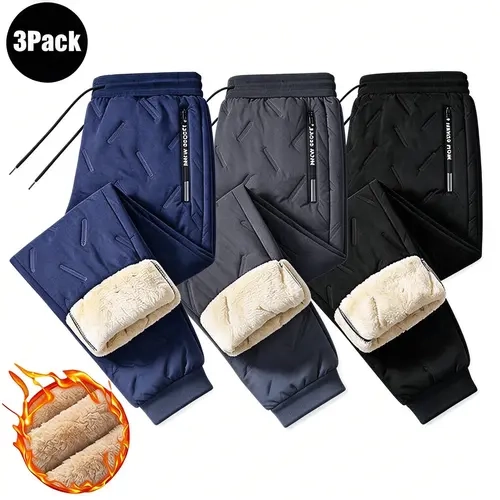 ZUMJOFO Men’s 3-Pack Thick Winter Thermal Pants - Plain, Protective Thermals, Mid-Waist Polyester Windproof Casual Sports Pants with Zipper Pockets, Multi Size Options
