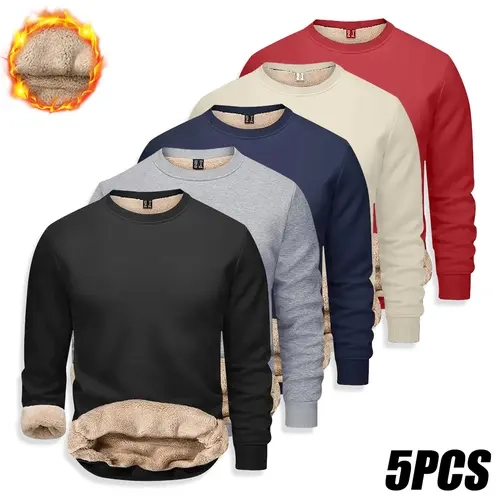JOGWAVE Men’s 5-Pack Minimalist Solid Plain Crew Neck Polyester Pullover Top, Heat-Locking Plush Fleece-Lined Soft Interior, Ribbed Trim Relaxed Fit Long Sleeve Sweatshirt, Winter Cold Weather Office Layering Errands Top
