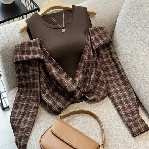Women's Fake Two-Piece Off-Shoulder Top, Plaid Knot Long Sleeve + Round Neck Sleeveless Inner Layer, Stylish and Comfortable Clothing