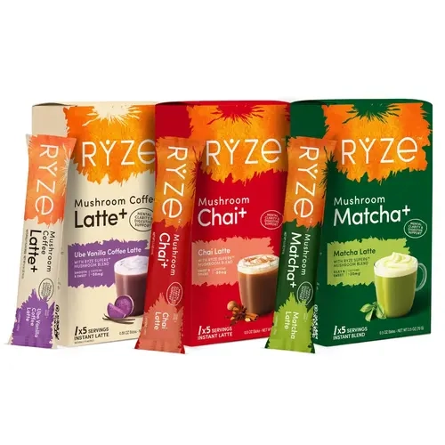 RYZE Mushroom Coffee Latte+ Ube Vanilla, Chai, Matcha Instant Drink Blends - 15 servings total (x5 each)