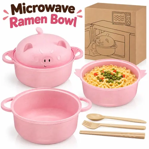 ONESHOW HOME Eco-Friendly Lightweight Wheat Straw Microwave Ramen Cooker Bowl Set with Drain Basket, Utensils, Tableware for Soup, Pasta, Dorm & Home Use Kitchen Supplies