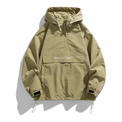 Men's Half Zip Windbreaker Jacket Lightweight Hooded Coat with Drawstring Hem and Side Pockets, Suitable for Teens and Adults, Oversized Streetwear Outdoor Sports Jacket, Olive Green/Other Colors All Season Casual Jacket, Menswear Stylish Big Loose Fashio