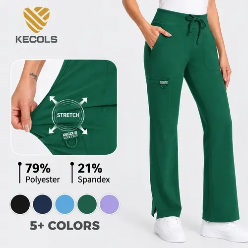 Kecols Women’s Scrub Pants High Rise Straight Leg 5-Pocket Stretch Work Pants with Drawstring Waist