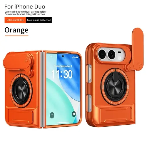 Magnetic Foldable TPU+PC Case for iPhone 18 Duo, Military-Grade Drop Protection, Built-in Camera Lens Cover, Integrated Kickstand, Shockproof Design