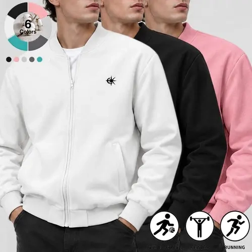 Men's Full Zip Jacket, Minimal Chest Print, Cuffs & Hem, Side Pockets, Loose Fit Casual Sports Outerwear, Soft Lightweight Fabric, Multiple Colors. Suitable for Basketball, Fitness, Running & Daily Street Wear. have 1/2 pieces options.