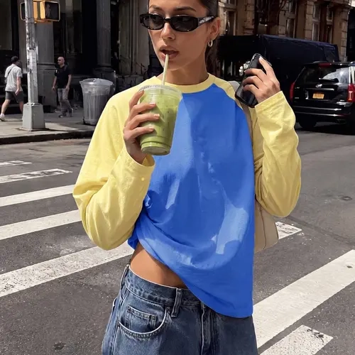 Color Block Raglan Long Sleeve Oversized Tee, Stylish Casual Top, Perfect for Daily Wear, Comfortable and Trendy Design, Streetwear