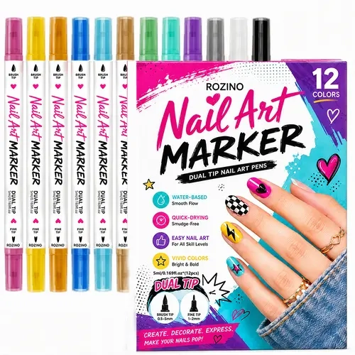 ROZINO 12 Colors Dual Tip Nail Art Marker Pens Set, 24 Tips (Brush & Fine Tip), Water-Based, Alcohol-Free, Quick-Drying Nail Design Pens for DIY Manicure, Beginners & Professionals