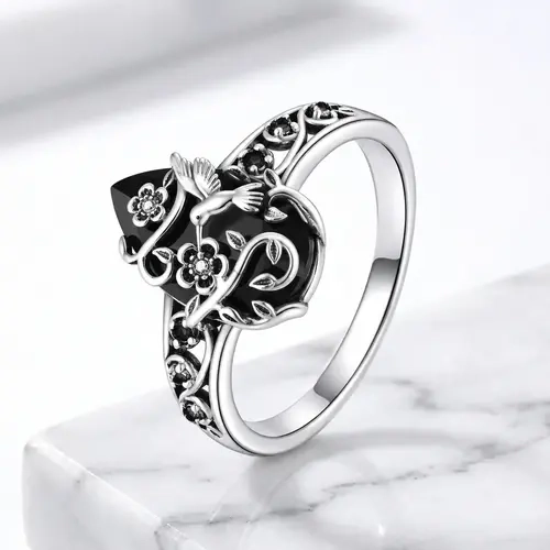 Women's 925 Sterling Silver Hummingbird Motif Ring - Vintage Synthetic Obsidian, Elegant Black Lab-Grown Diamond Energy Crystal, Obsidian-Like Rings for Women, Female Daily Wear Birthday Gift Jewelry