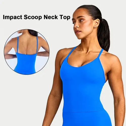 DEEFY Impact Scoop Neck Top Women's Workout Tank Top Longline Fitted Athletic Tank Yoga Gym Fitness Activewear Sleeveless Built In Bra Removable Pads Stretch Bodycon Sportswear
