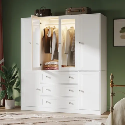 【2 Package Delivery】VOWNER Modern 4-Door Glass Wardrobe Dressers with LED Light Modular Closet Organizer Systems Adjustable closet bedroom dresser closet