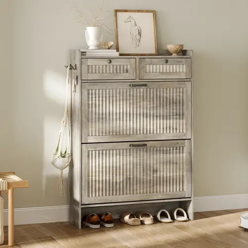 Xixini Fluted Rectangular Wooden Finish Shoe Storage Cabinet - Entryway Home Organizer with Multi-Drawer, Flip & Top Compartments
