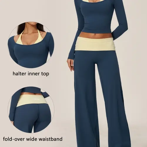 TIMEOFF Women's 2-Piece Yoga Workout Set - Long Sleeve Square Neck Crop Top with Halter Inner, Fold Over Waist Wide Leg Comfy Pants, High Stretch Tummy Control Gym Stuff, Cute 2-Piece Sets for Daily Wear