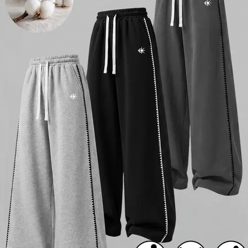 Men's Wide Leg Sweatpants - Elastic Waistband with Adjustable Drawstring, Side Stripe Decoration, Small Logo Embellishment, Side Hand Pockets, Soft Fabric, Ideal for Fitness Training, Daily Street Casual Outfits, Pants