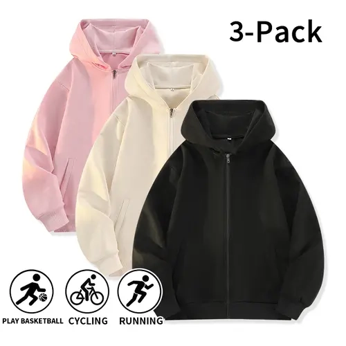 Men's Fall Winter Suede Full Zip Hoodie, Loose Hooded Open Front Cardigan Jacket, Casual Streetwear Outerwear for Teen Boys & Young Men, Ideal for Daily Wear, School, Sports, Hiking & Going Out, 3-Pack