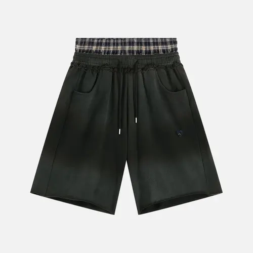 Aelfric Eden Men's Double Band Washed Plaid Bermuda Shorts - Menswear, Polyester Cotton Blend, Oversized Baggy Cropped Knee-Length Sweat Shorts with Pockets, Drawstring, Y2K Streetwear for Casual Daily Outfits
