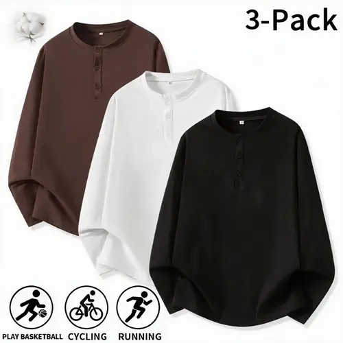 Men's Cotton Long Sleeve Henley Shirts, 3-Pack Stand Collar Button Henley Tops, Loose Casual Basic Tees for Fall Winter, Suitable for Daily Wear, School, Weekend Outings, Casual Dating & Layering Under Jackets