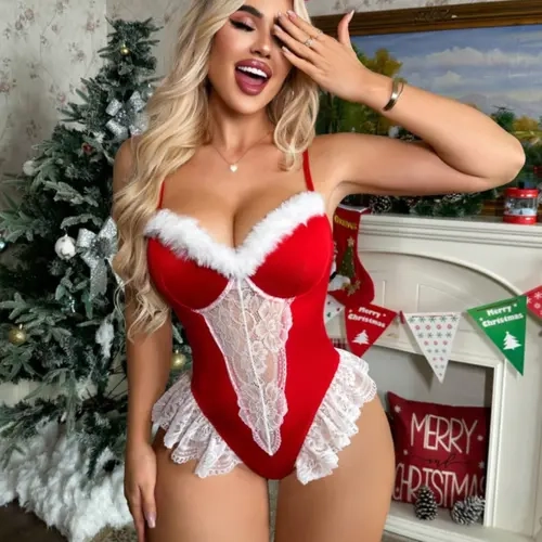 Christmas Lace Teddy Lingerie, Sexy Cut Out Bodysuit with Fluffy Trim, Women’s Holiday Nightwear, Santa Costume, Valentine Gift
