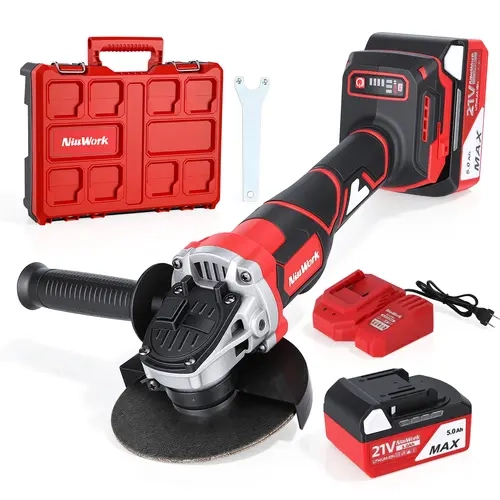 NiuWork Cordless Angle Grinder, 5 Inch 21V Brushless Angle Grinder Tool, 4 Variable Speed Max 9000RPM, with Auxiliary Side Handle, Wheel Guard & Spanner Wrench, for Metal Cutting, Grinding, Polishing and Rust Removal