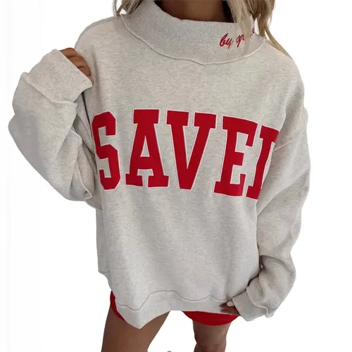Mntaor Women's Gray "Saved By Grace" Fleece Lined High Neck Oversized Christian Pullover Sweatshirt - Red Letter Graphic, Womenswear Hoodie, Ideal for Church Services & Christian Gifts
