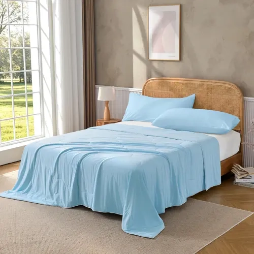 Litanika Cooling Comforter Set - Blanket Weave, Line Pattern, Simple Style Safe Transpirable Quilts for Hot Sleepers, Lightweight Silky Soft Ice Bedding, Machine Washable (1PC/3PC Available)